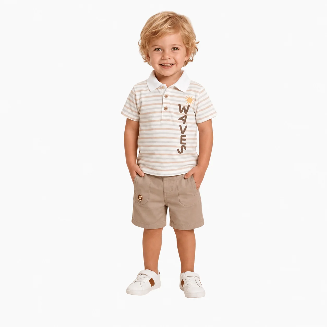 Ensemble 9-24 Mois Garçon Été – Polo Rayé Waves & Short Beige