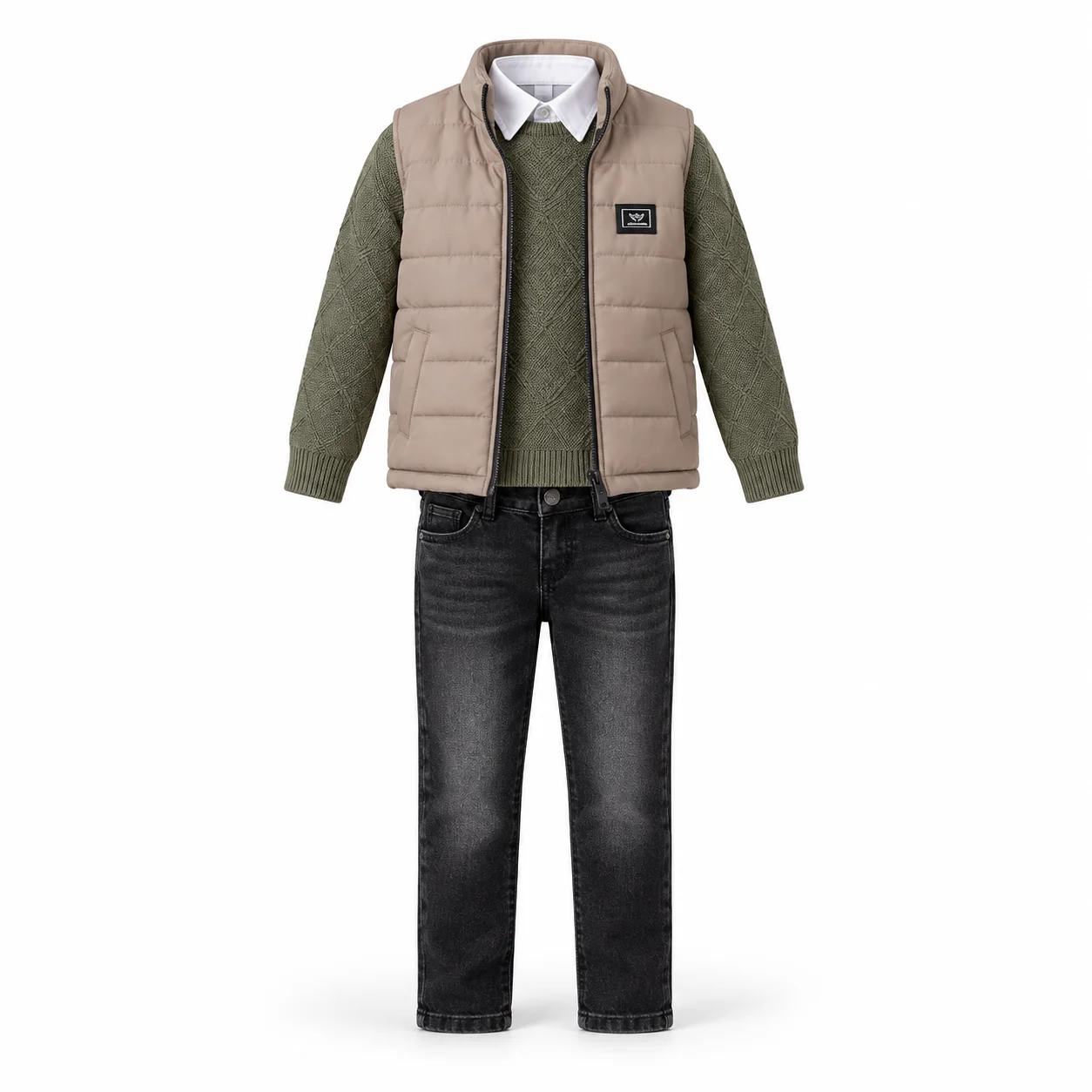 Ensemble garçon 4 pièces (Doudoune sans manches + Pull + Chemise + Jean)