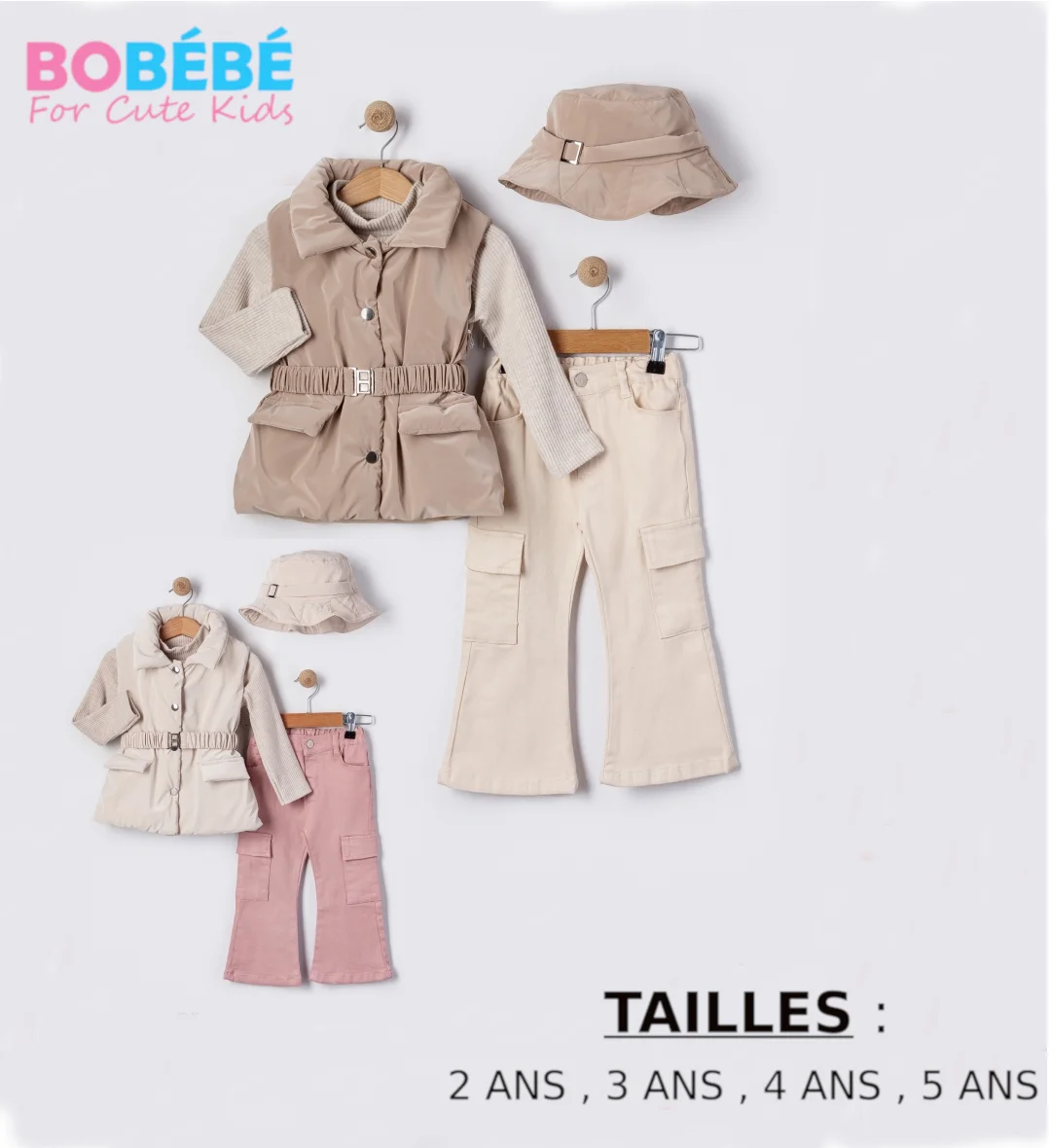 Ensemble 4 Pièces Fille Élégant – Gilet Matelassé, Pantalon Cargo et Bob