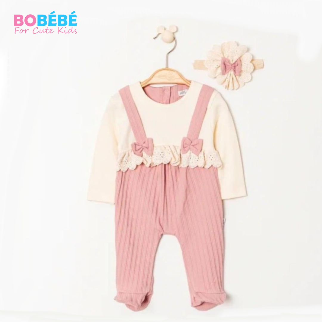 Grenouillère bébé fille rose poudré & écru + bandeau