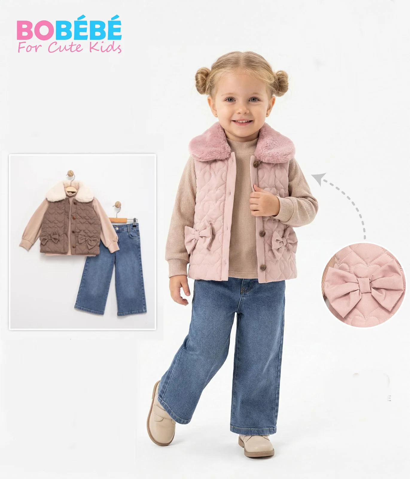 Ensemble fille hiver 3 pièces – gilet matelassé rose col fourrure + pull beige + jean