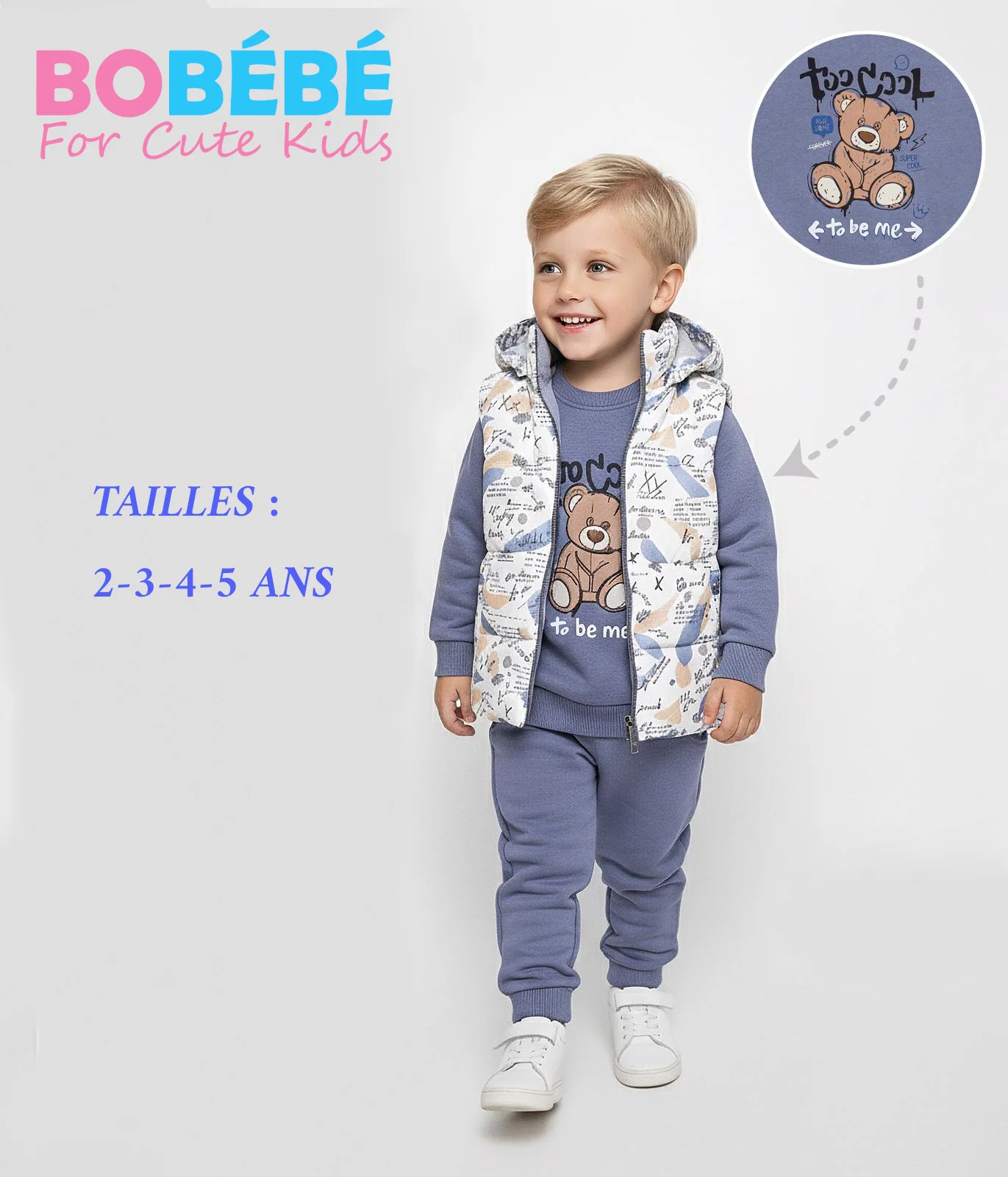 Ensemble Garçon 3 Pièces Sweat, Gilet Matelassé & Pantalon – Motif Ourson
