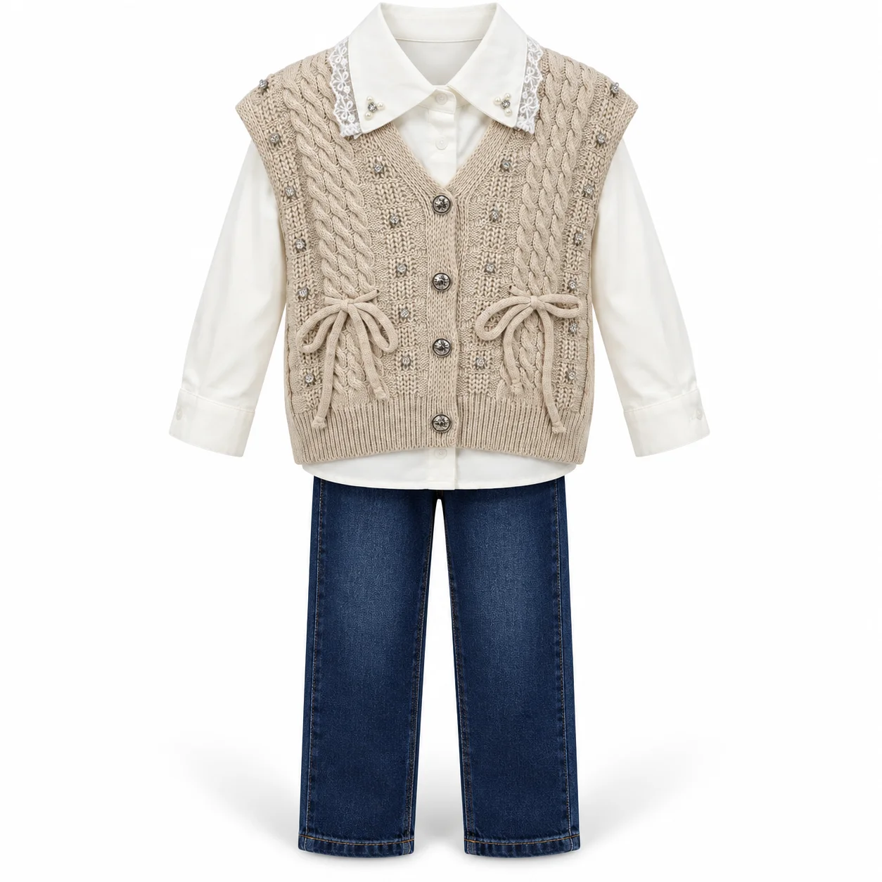 Ensemble Fille 3 Pièces 6 à 9 Ans avec Gilet Sans Manches Beige, Chemise et Jean