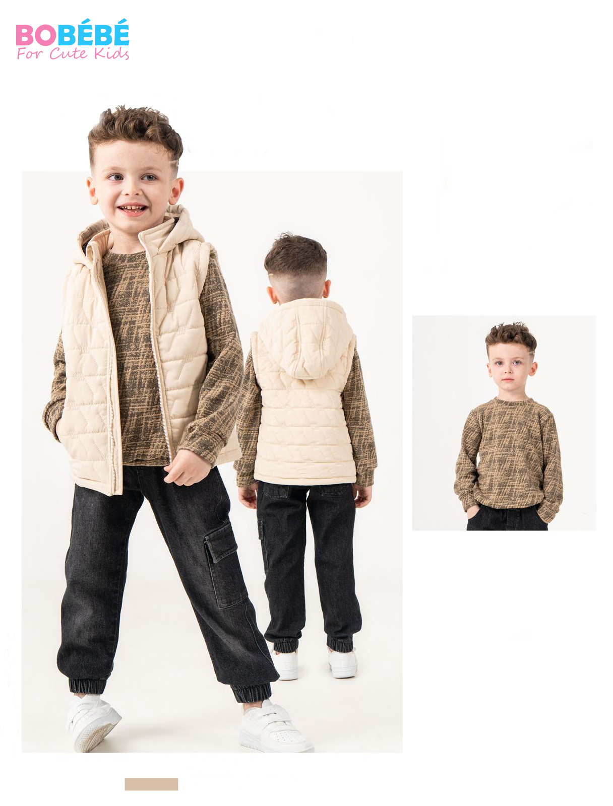 Ensemble garçon 3 pièces (Doudoune sans manches à capuche + Pull + Pantalon)