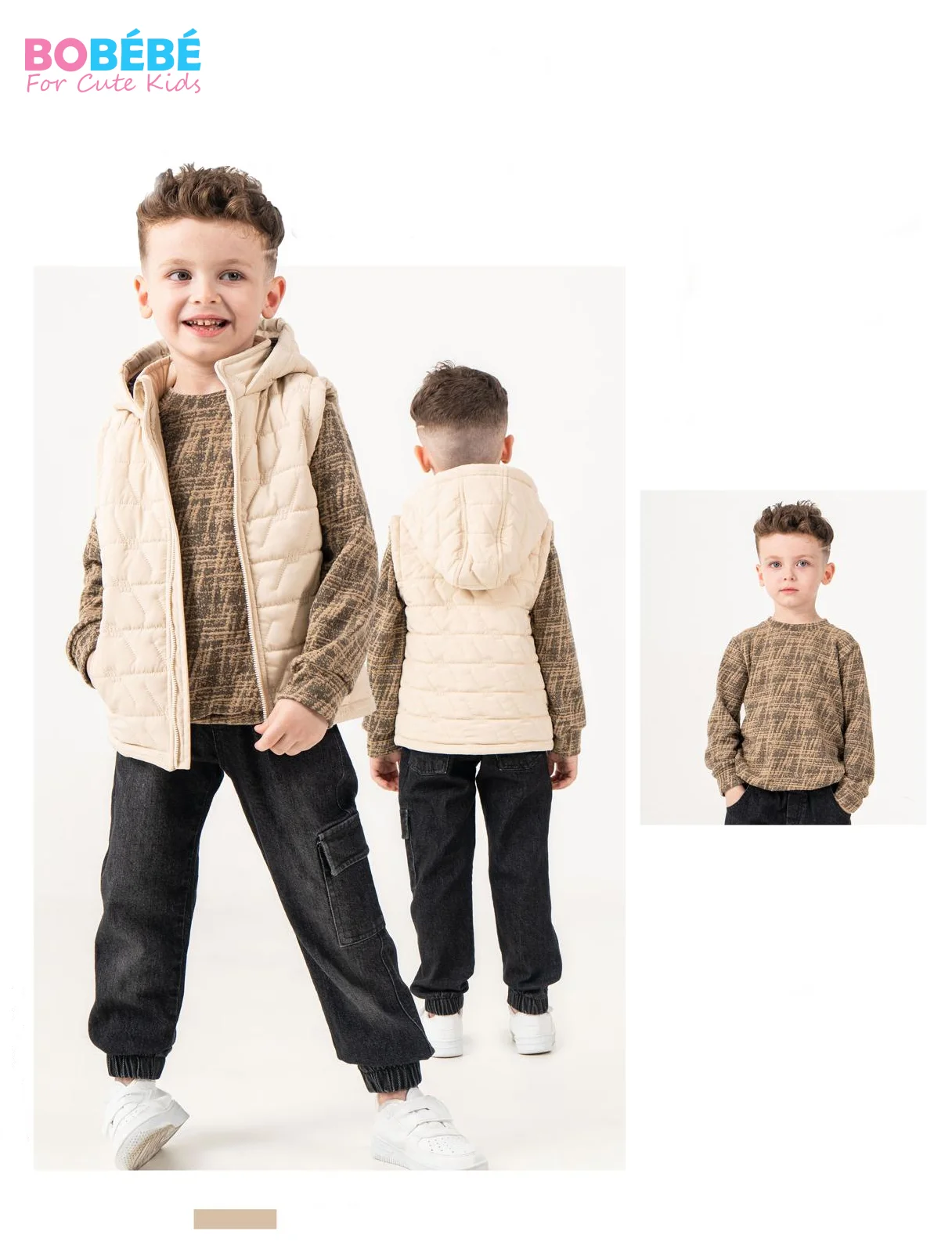 Ensemble garçon 3 pièces (Doudoune sans manches à capuche + Pull + Pantalon)