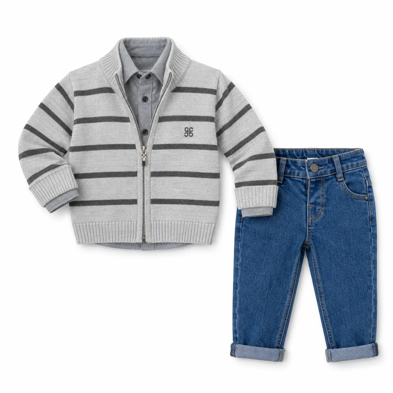Ensemble Garçon 6 à 9 Ans 3 Pièces Gris avec Gilet Rayé, Chemise et Jean 6 à 9 Ans