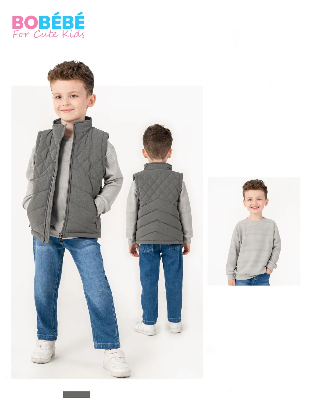 Ensemble Garçon 3 Pièces Premium – Gilet matelassé sans manches + Sweat + Jean