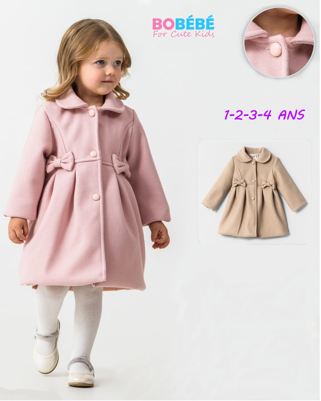 Manteau Fille Élégant à Nœuds – Coupe Évasée & Boutons Chic