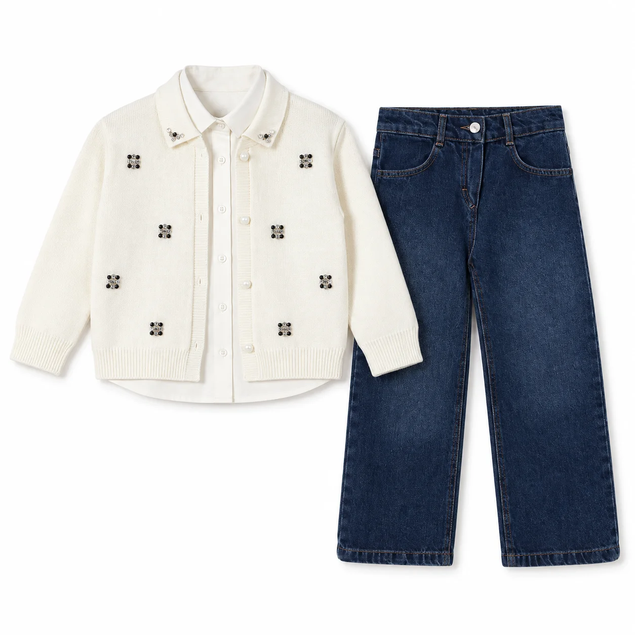 Ensemble Fille Chic 3 Pièces – Cardigan Perlé, Chemise & Jean | 6-9 ans