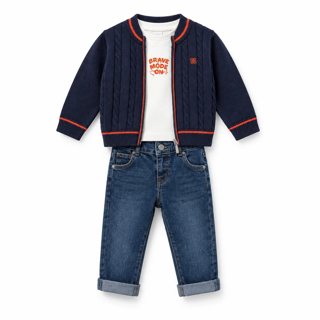 Ensemble Garçon 6 à 9 Ans 3 Pièces Bleu Marine avec Gilet en Maille et Jean 