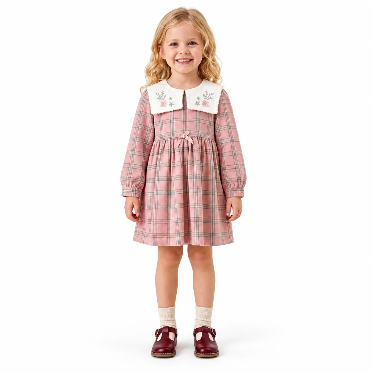 Robe Fille 2 à 5 Ans Rose à Carreaux avec Col Brodé