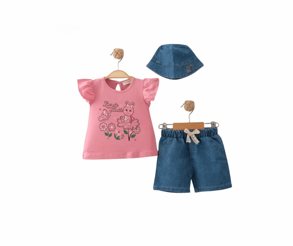 Ensemble fille 3-18 Mois 3 pièces – T-shirt rose + short jean + chapeau
