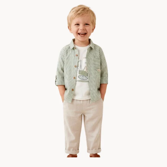Ensemble 9-24 Mois Bébé Garçon – Chemise Rayée Vert & Pantalon Beige