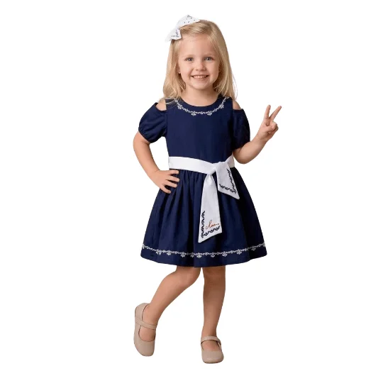 Robe 2-5 Ans Fille Élégante – Bleu Marine avec Ceinture Blanche