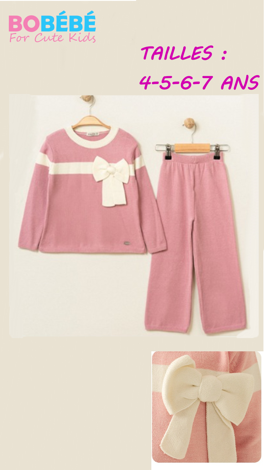 Ensemble Fille Pull & Pantalon en Maille avec Nœud Élégant