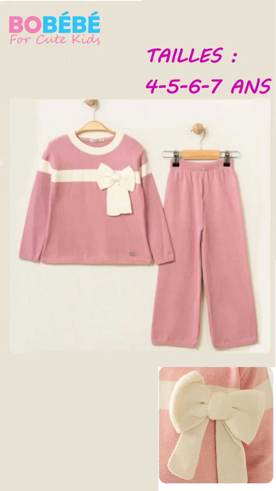 Ensemble Fille Pull & Pantalon en Maille avec Nœud Élégant