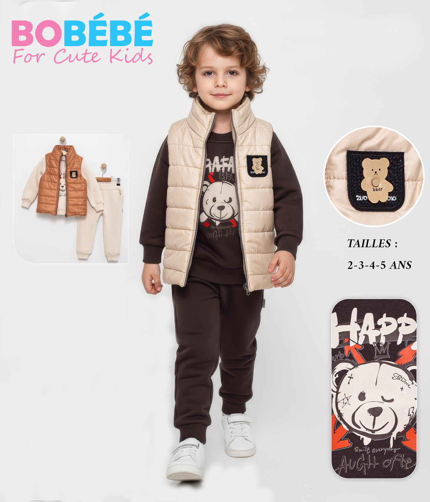 Ensemble Garçon 3 Pièces Hiver – Sweat Motif Ourson, Gilet Matelassé & Pantalon
