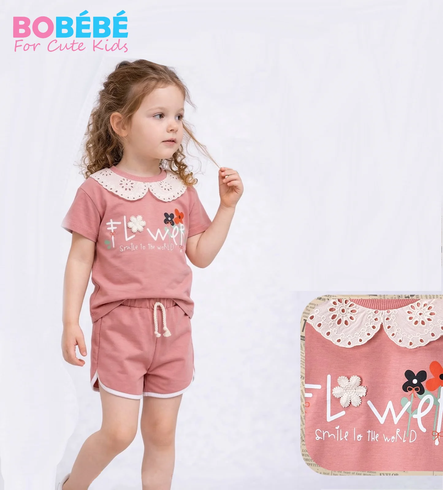 Ensemble 2-5 Ans 2 pièces fille – rose avec col en broderie anglaise