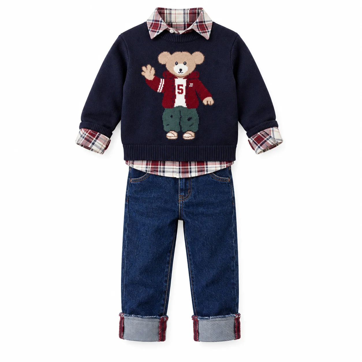 Ensemble Garçon 2 à 5 Ans 3 Pièces avec Pull Ourson Bleu Marine, Chemise à Carreaux et Jean 