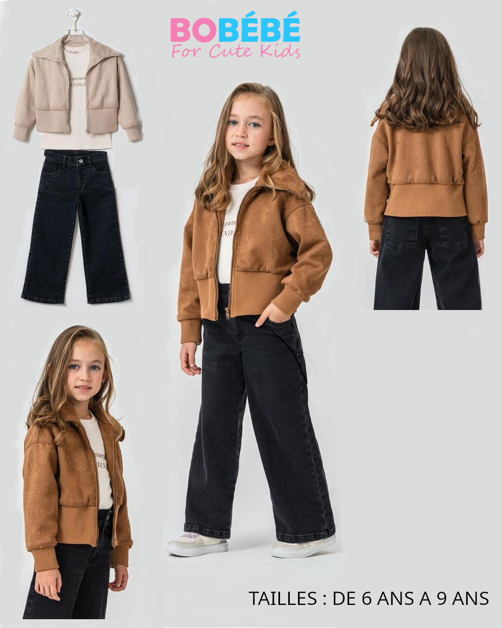 Ensemble fille 3 pièces (Veste zippée + T-shirt + Jean large)
