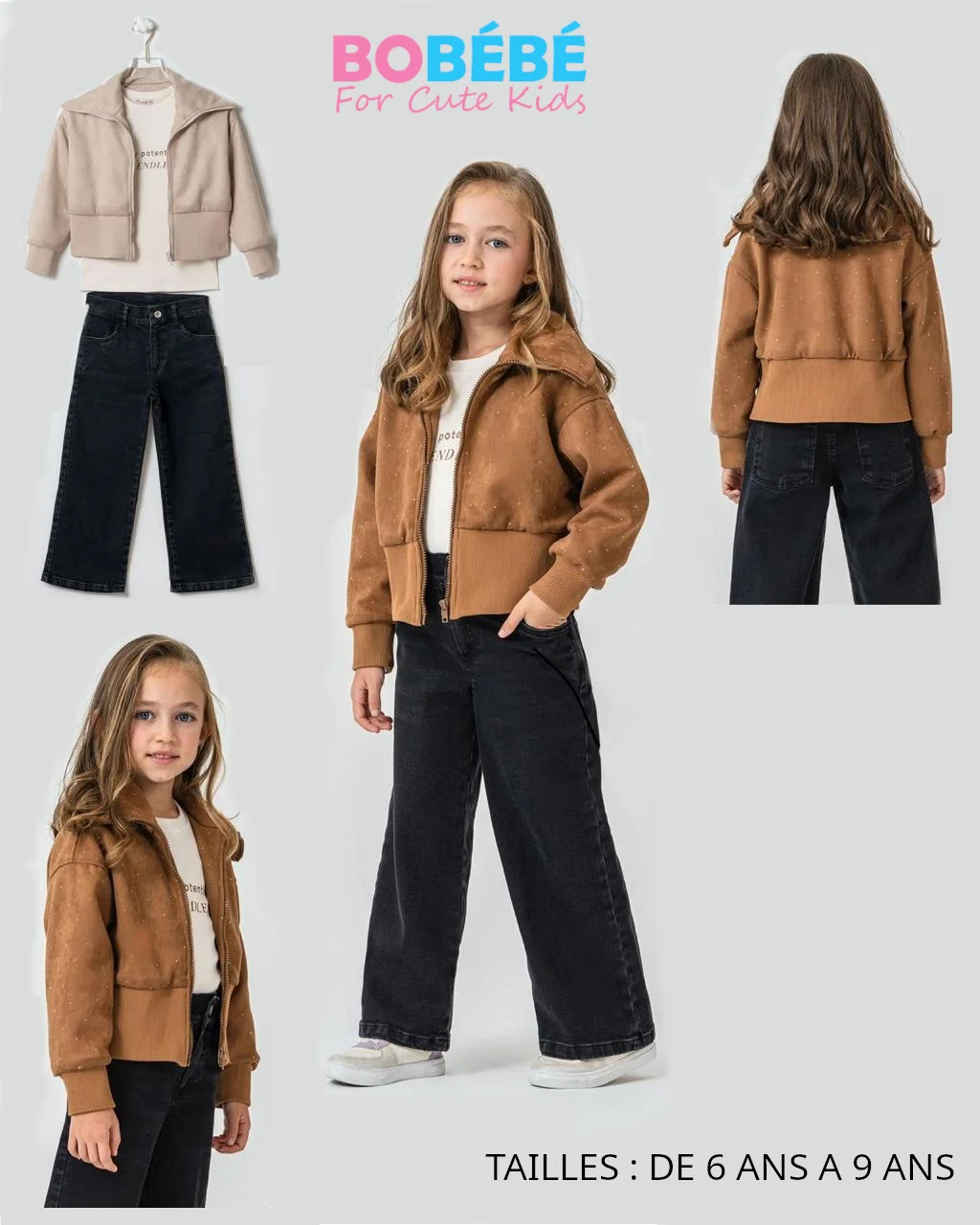 Ensemble fille 3 pièces (Veste zippée + T-shirt + Jean large)