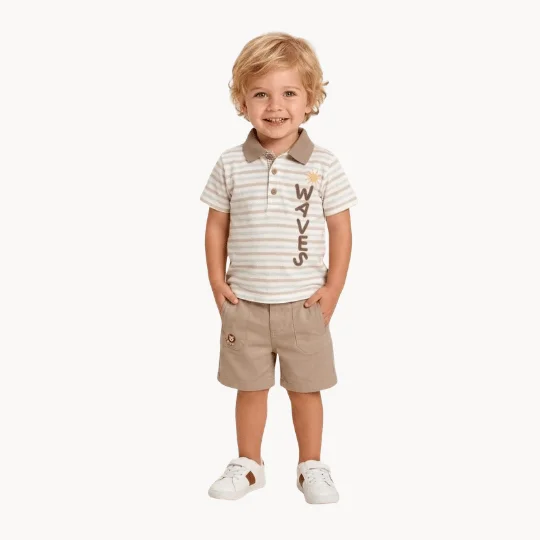 Ensemble 9-24 Mois Garçon Été – Polo Rayé Waves & Short Beige