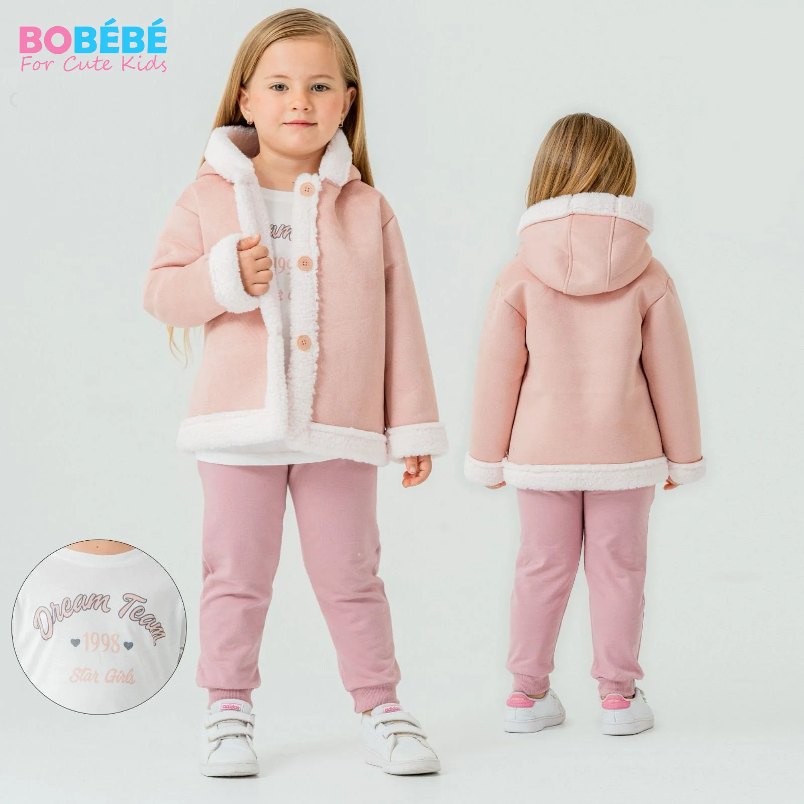 Ensemble Fille 3 Pièces – Manteau rose doublé sherpa + Sweat imprimé + Pantalon