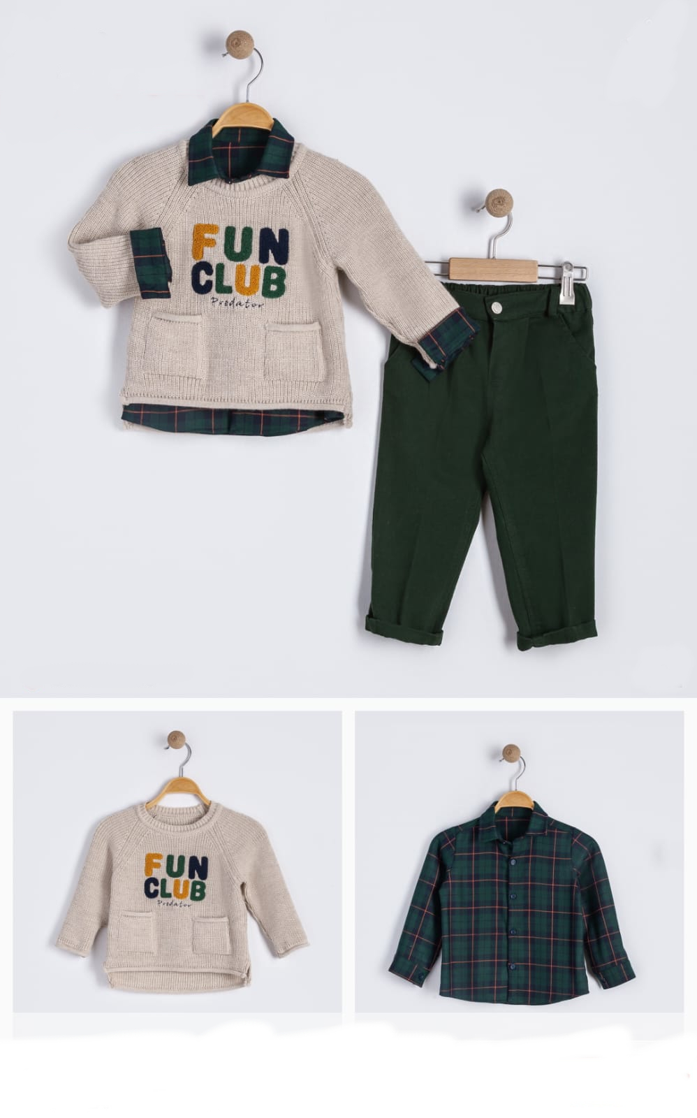 Ensemble Garçon 3 Pièces – Pull Tricot Fun Club, Chemise et Pantalon