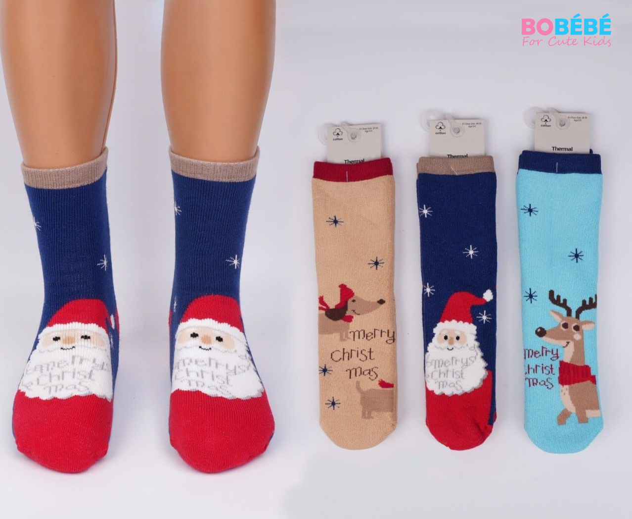 Lot de 3 Chaussettes bébé “Noël” thermiques — motifs festifs