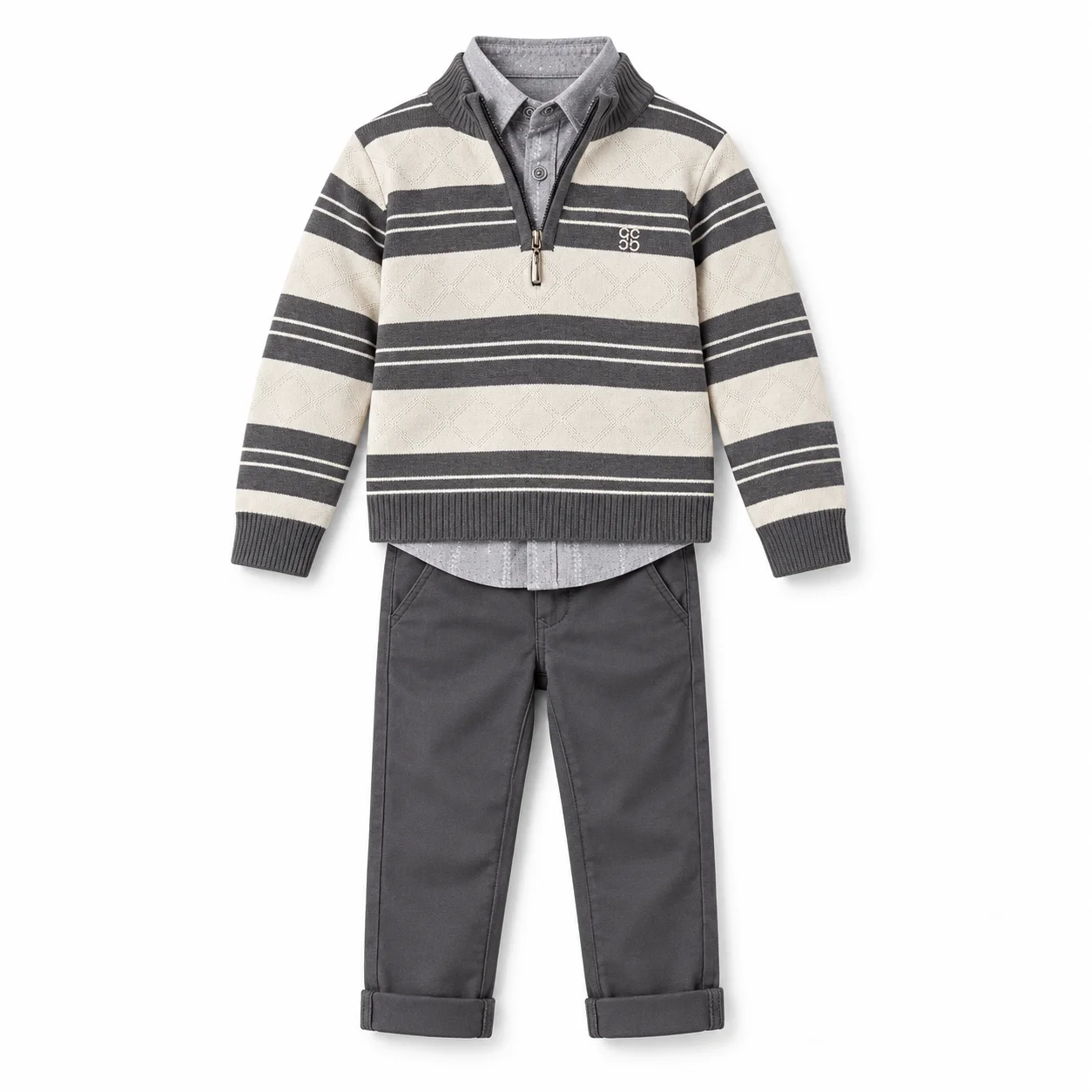 Ensemble Garçon 6 à 9 Ans 3 Pièces Gris avec Pull Rayé, Chemise et Pantalon