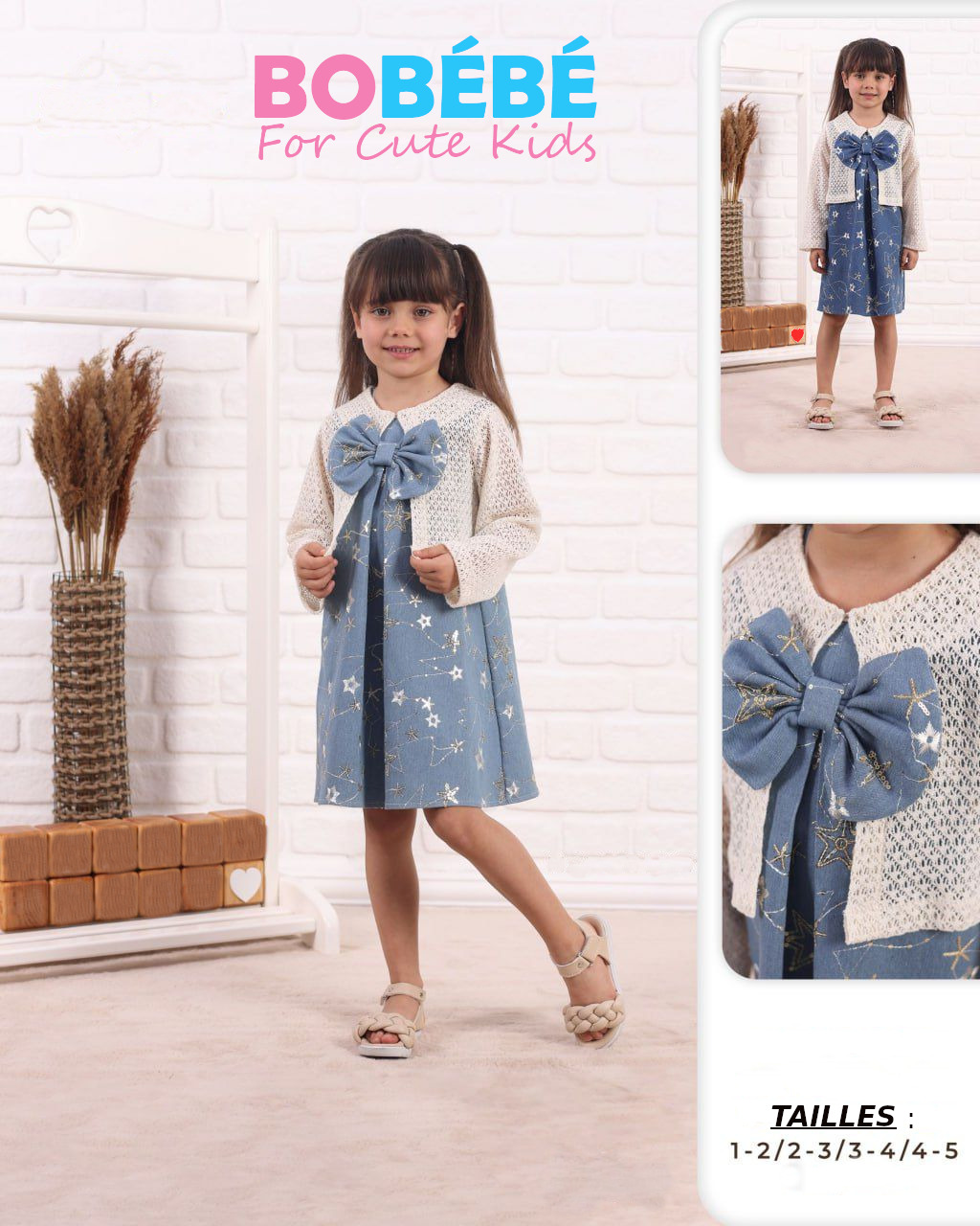 Robe Fille Élégante – Robe Bleu avec Grand Nœud et Gilet Crochet