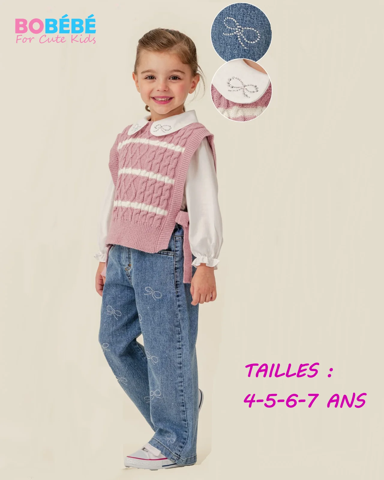 Ensemble Fille Pull Sans Manches, Chemise & Jean Brodé