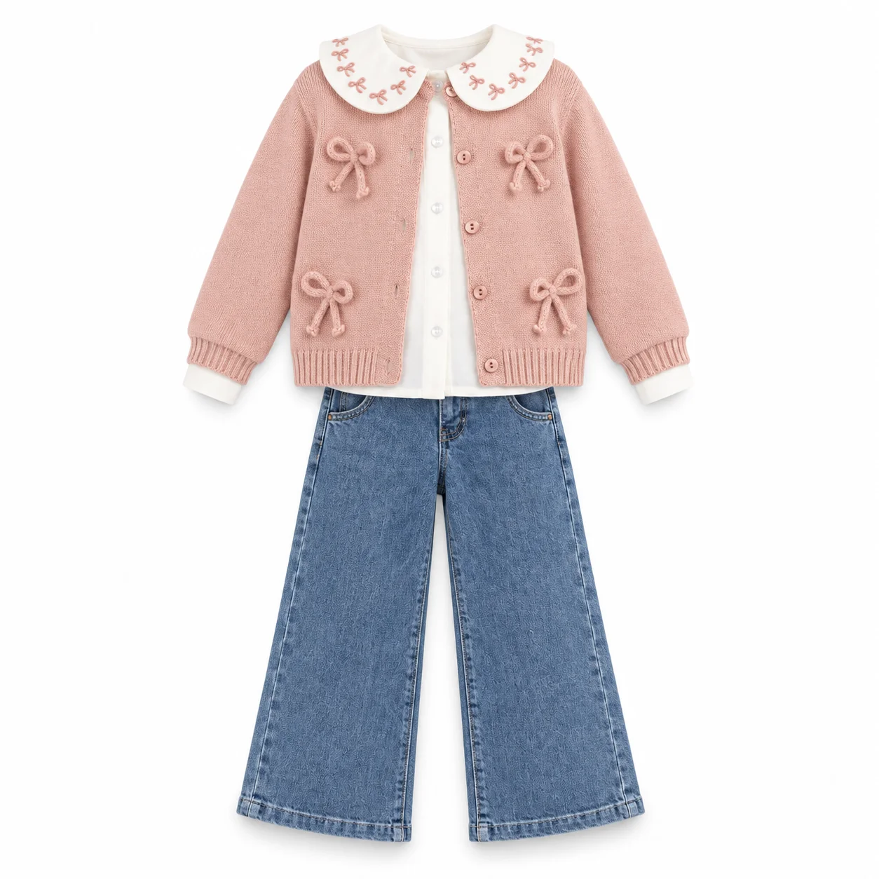 Ensemble Fille  6 à 9 Ans 3 Pièces Rose avec Gilet en Maille, Chemisier et Jean Large 