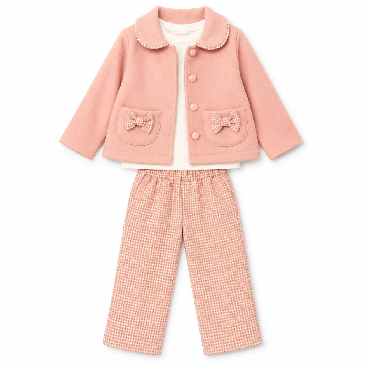 Ensemble Fille Élégant 3 Pièces – Veste à Nœuds, Haut & Pantalon Motif Carreaux