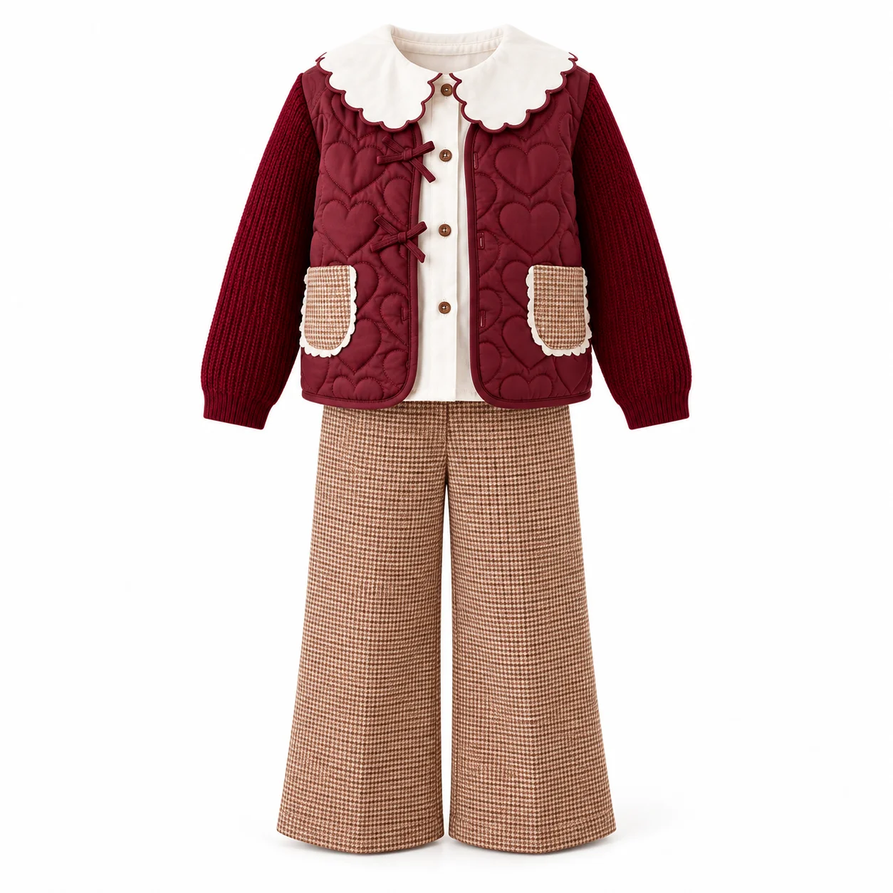 Ensemble Fille 3 Pièces Bordeaux avec Gilet et Pantalon à Carreaux – 2 à 5 Ans