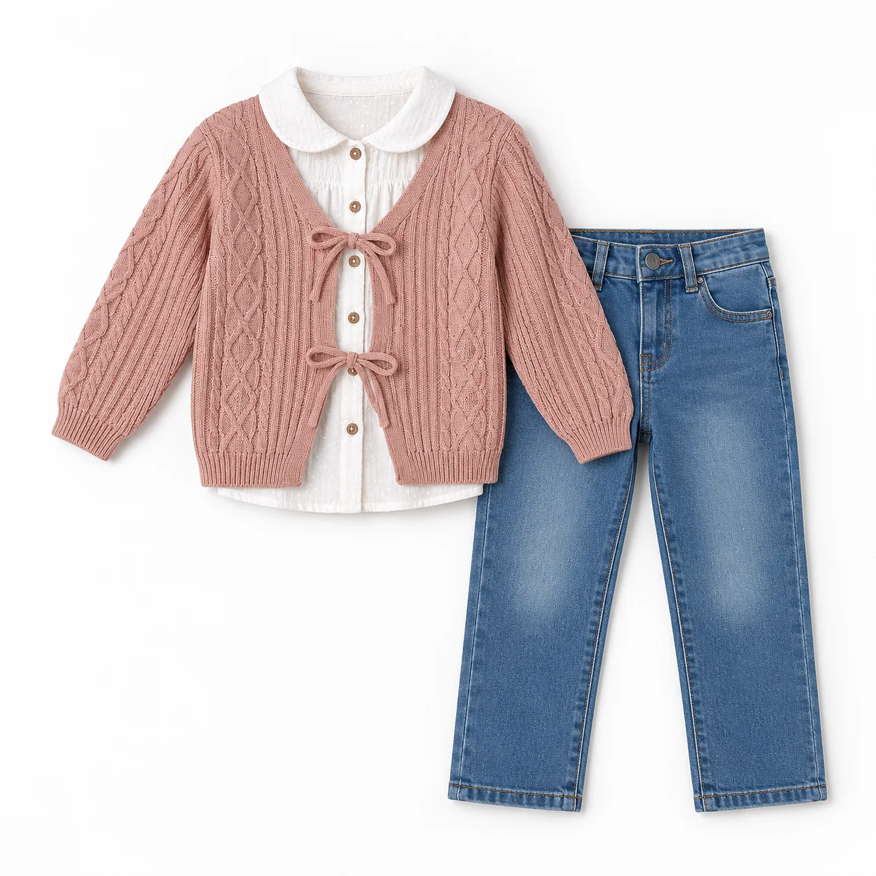 Ensemble Fille Chic 3 Pièces – Cardigan maille torsadée + Chemisier col Claudine + Jean