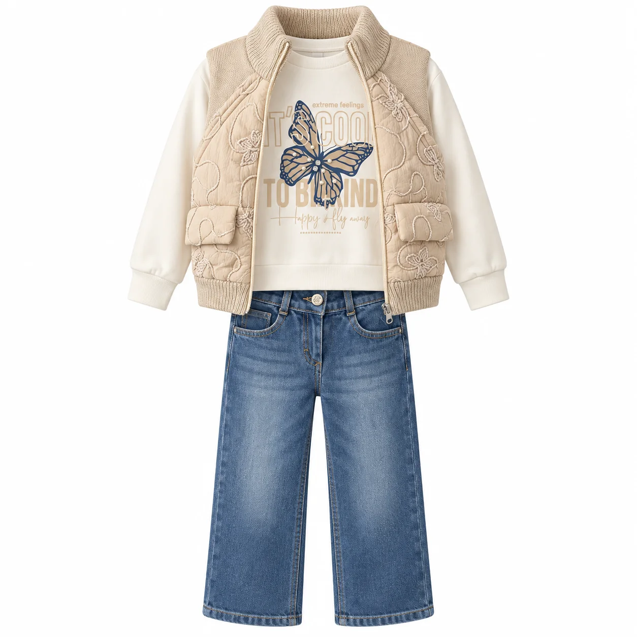 Ensemble Fille 3 Pièces 2 à 5 Ans avec Gilet Matelassé Beige, Sweat Papillon et Jean Large