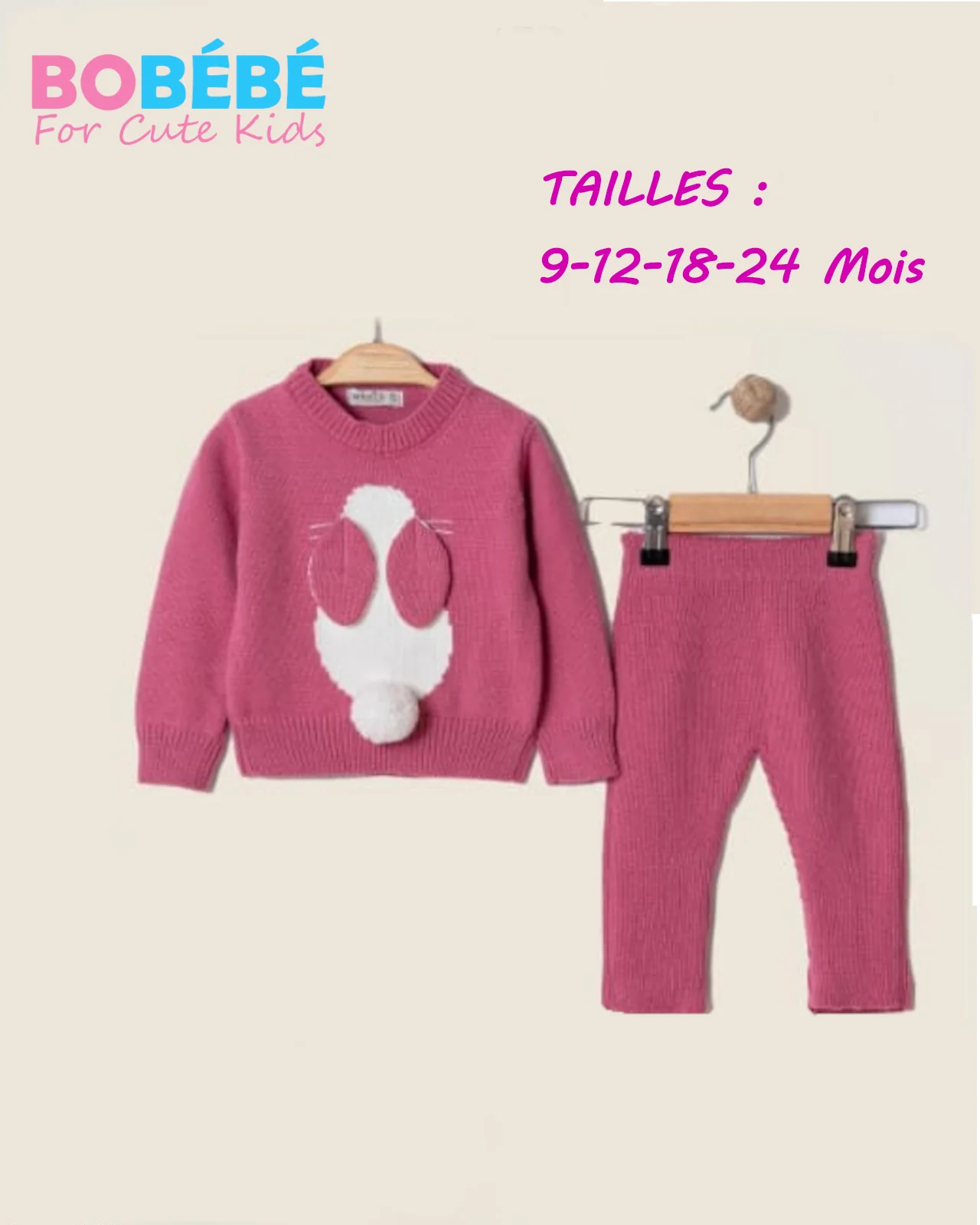 Ensemble Bébé Fille en Maille – Pull & Pantalon Motif Lapin