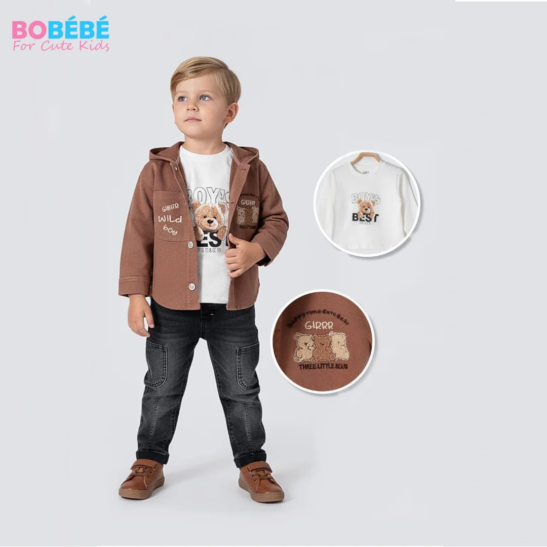 Ensemble Garçon 3 Pièces – Veste à capuche marron + Sweat imprimé + Jean noir