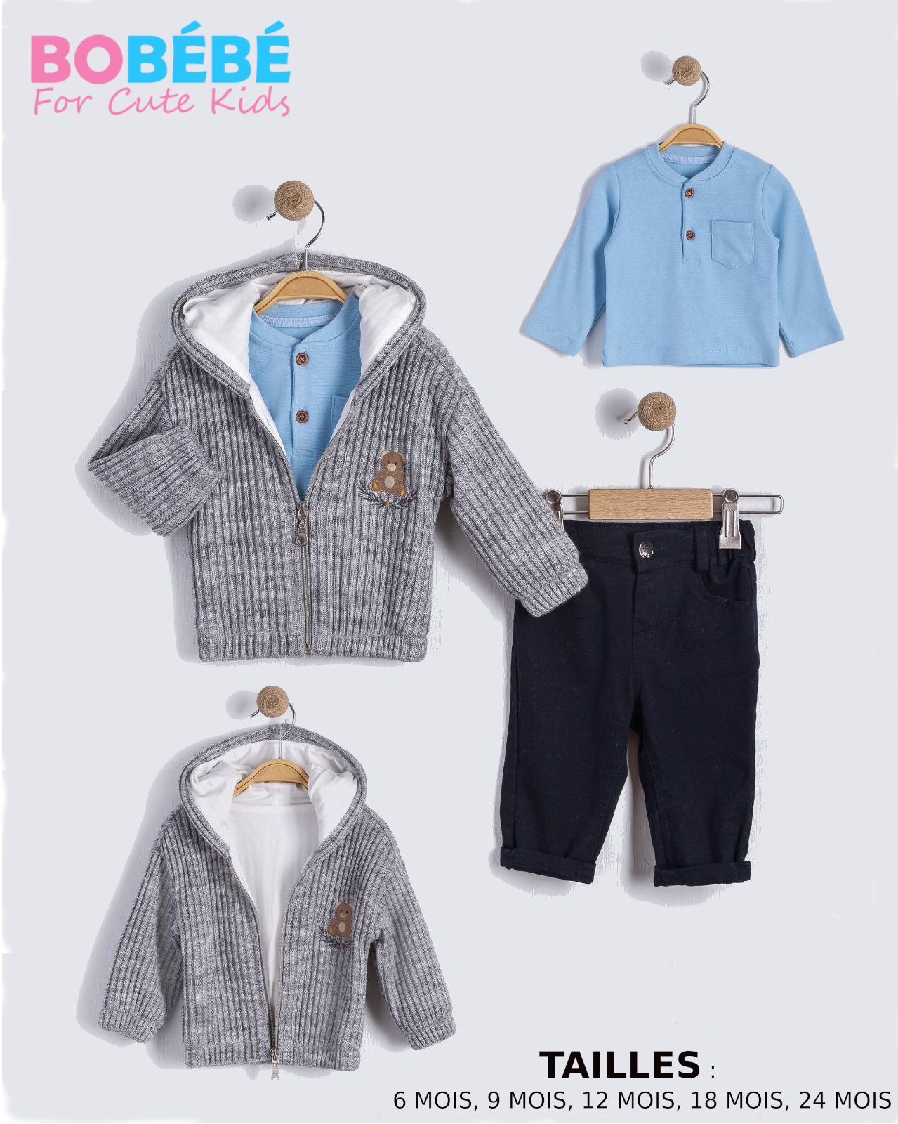 Ensemble Bébé Garçon – Veste à Capuche, T-shirt et Pantalon