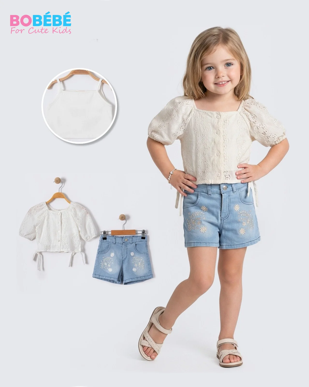 Ensemble fille 2-5 Ans 3 pièces – Blouse dentelle + Débardeur + Short en jean brodé