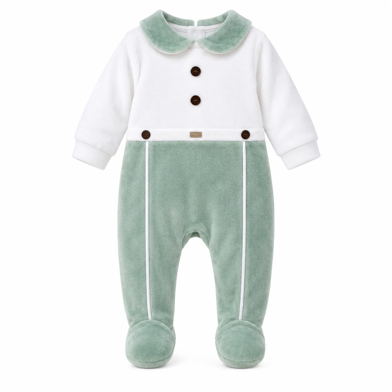 Grenouillère Bébé Garçon 0 à 12 Mois Vert Sauge et Blanc en Velours avec Col Claudine