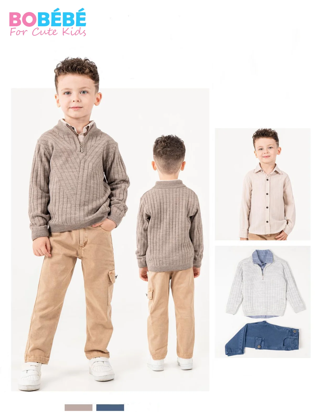 Ensemble Garçon 3 Pièces Chic & Confort – Pull zip + Chemise + Pantalon cargo