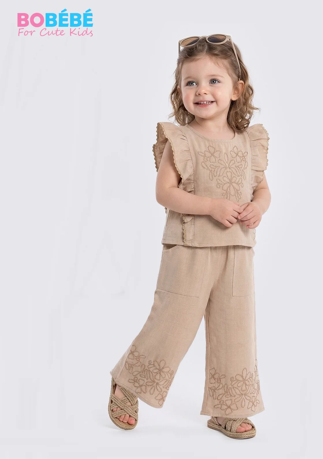 Ensemble fille 2-5 Ans beige – Top à volants + pantalon large brodé