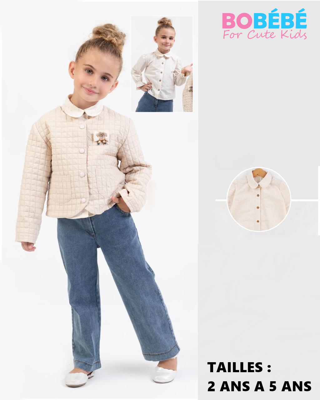 Ensemble fille 3 pièces (Veste matelassée + Chemise + Jean)