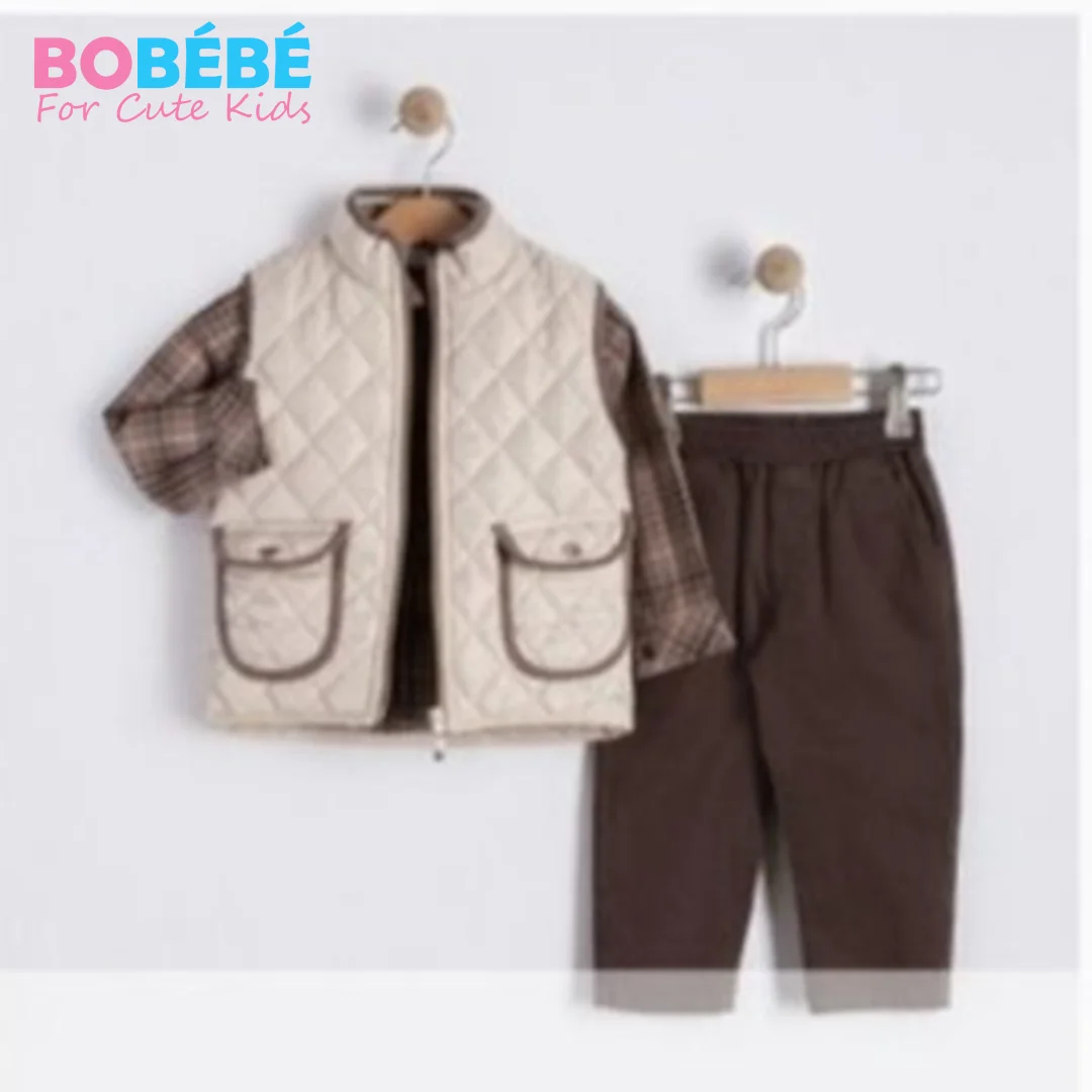 Ensemble bébé/garçon 3 pièces (Gilet matelassé + Chemise à carreaux + Pantalon)