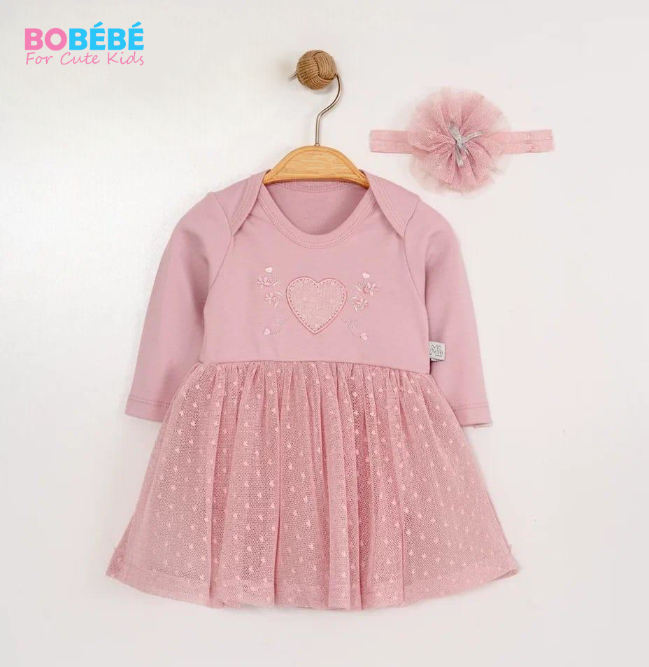 Robe bébé fille rose poudré en tulle — 2 pièces (robe + bandeau)