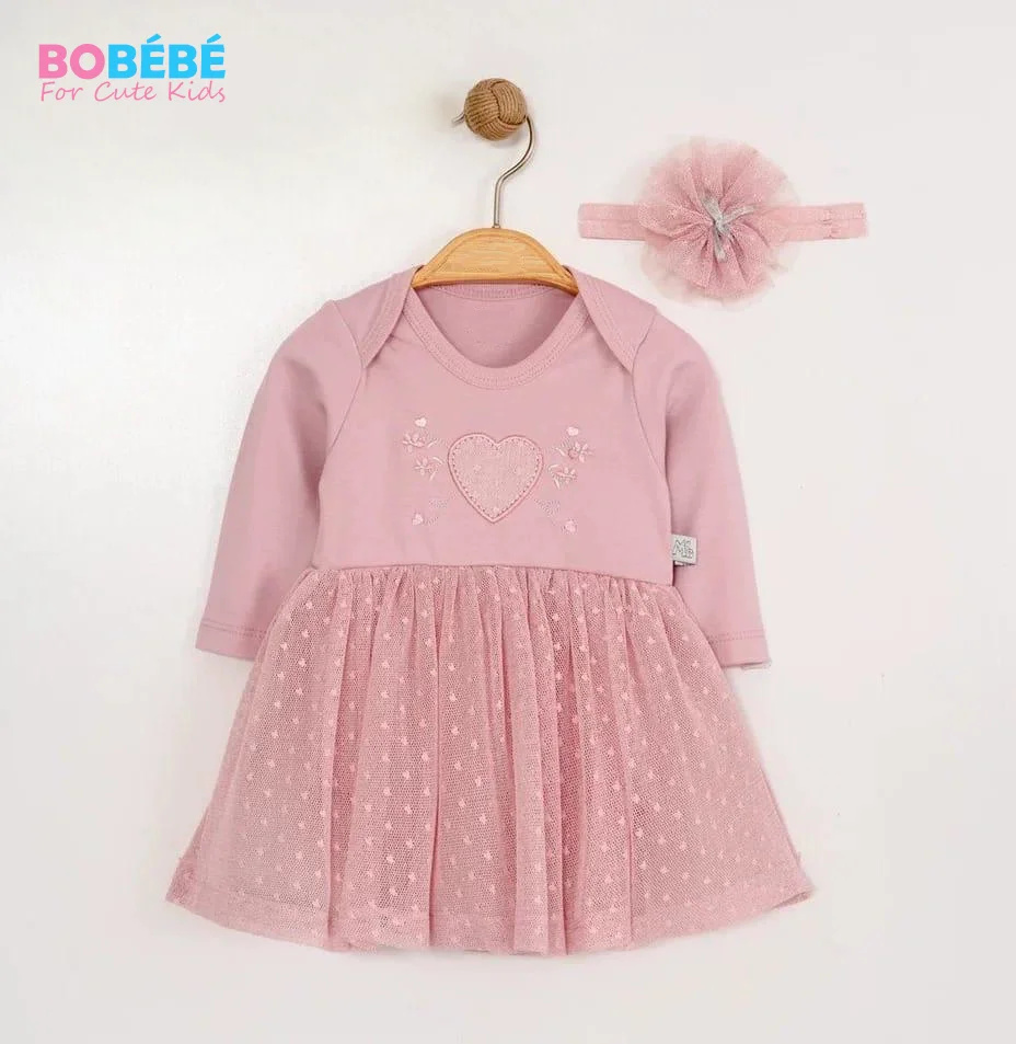 Robe bébé fille rose poudré en tulle — 2 pièces (robe + bandeau)
