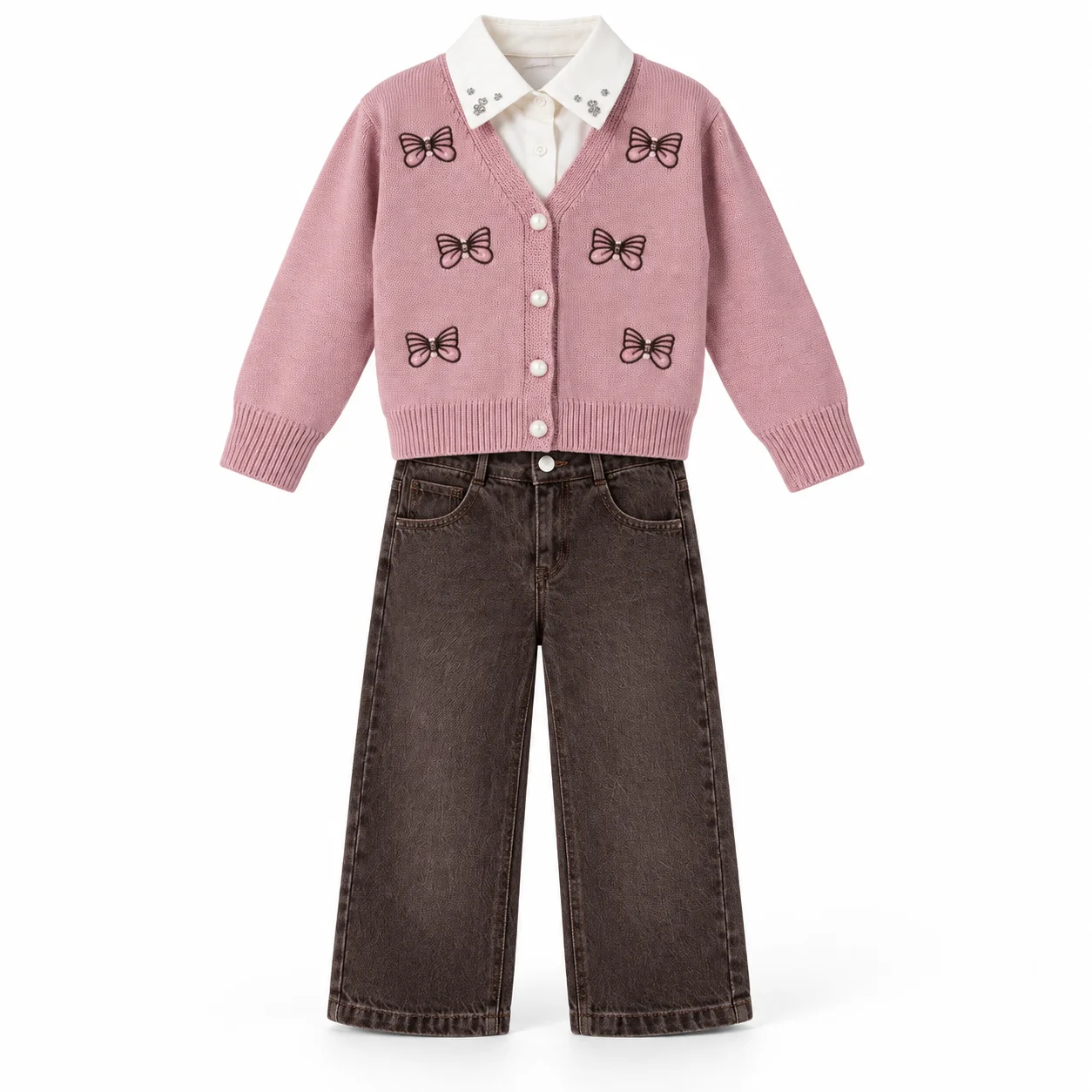 Ensemble Fille 2 à 5 Ans 3 Pièces avec Gilet à Nœuds, Chemisier Blanc et Jean Marron
