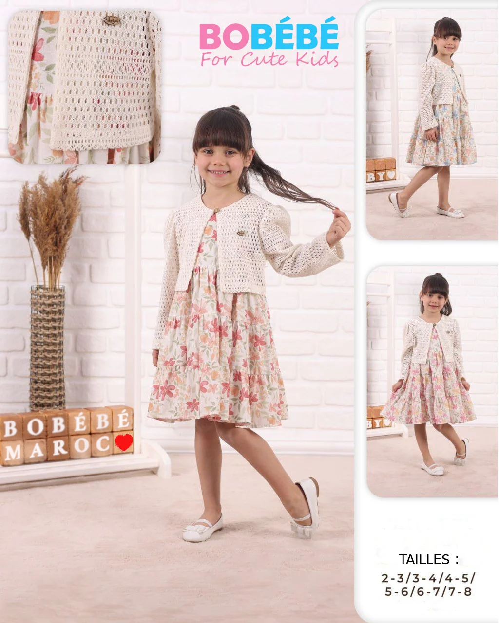 Robe Fille Élégante – Robe Fleurie avec Gilet Crochet